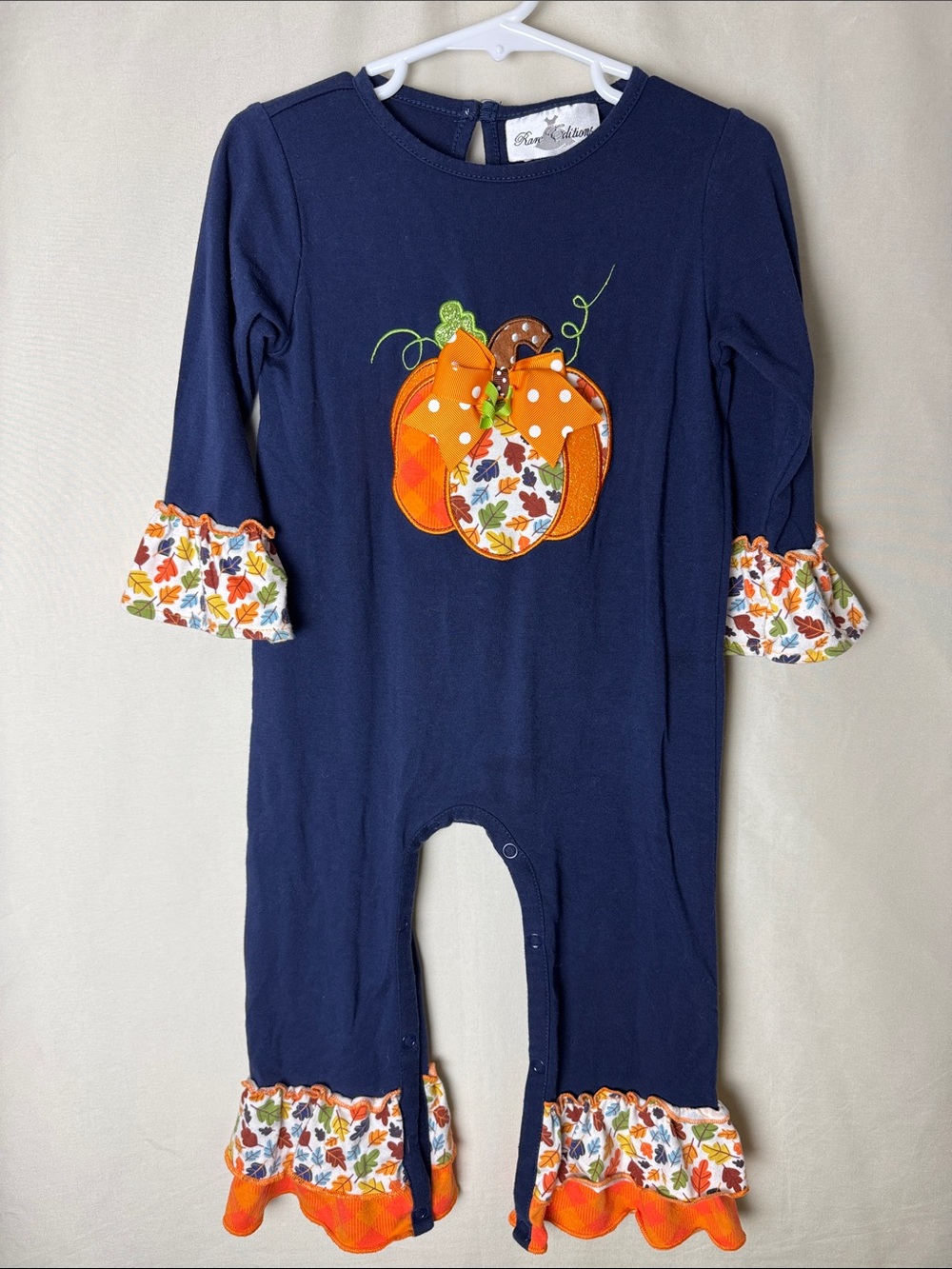 Rare Editions Navy One-Piece with Pumpkin Appliqué and Fall Ruffles